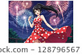 Girl on fireworks background 128796567