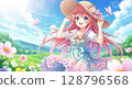 A girl is in a flower field 128796568