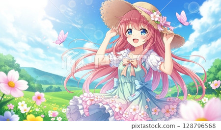 A girl is in a flower field A girl is in a flower field 128796568