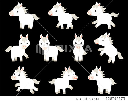 Illustration set of deformed white horse characters 128796575