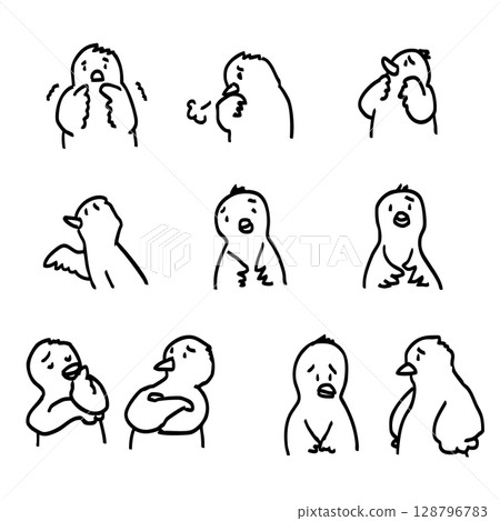 A set of cute and troubled chicks - line drawing A set of cute and troubled chicks - line drawing 128796783
