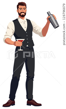 Bartender Holding Shaker Martini Smiling Bartender Holding Shaker Martini Smiling 128796879