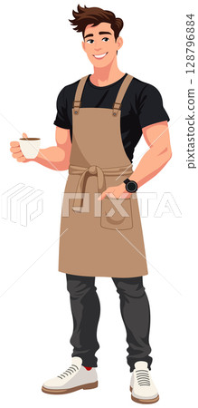 Young Male Barista Holding Coffee Cup 128796884