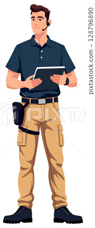 Man Holding Tablet Headset Working Man Holding Tablet Headset Working 128796890