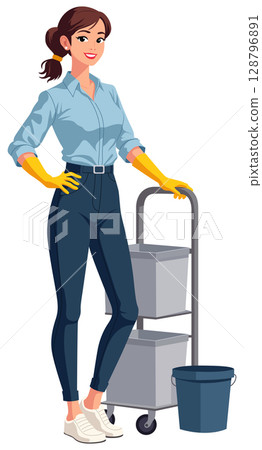 Cleaner Woman Standing Cleaning Supplies Cleaner Woman Standing Cleaning Supplies 128796891