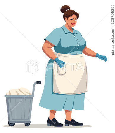 Maid Woman Standing Laundry Cart Maid Woman Standing Laundry Cart 128796893