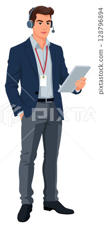 Call Center Agent Headset Tablet Call Center Agent Headset Tablet 128796894
