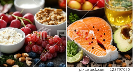 Healthy Food Promotes Wellness with Salmon, Fruits, and Nuts. Diet Nutrition with Cottage Cheese, Grapes, and Berries. 128797020
