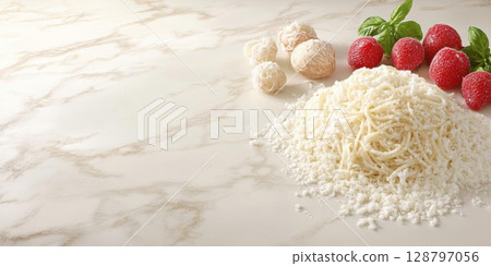 Frozen Spaghetti Noodles Lie on Marble Countertop with Frozen Strawberries and Dough Balls, Winter Culinary Delight. 128797056
