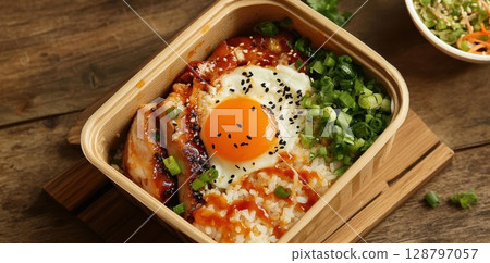 Enjoy Delicious Asian Bento Box with Egg, Chicken, and Green Onions, Food Style 128797057