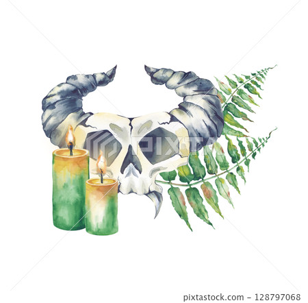 A hand-drawn watercolor composition isolated on a white background. An imaginary horned skull with green fern leaves and lighted candles. A template for witchcraft and Halloween. 128797068
