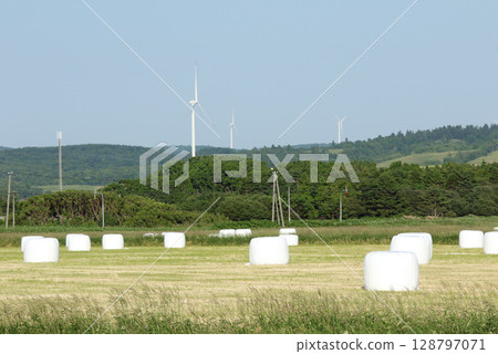 Hokkaido's famous power generating windmills and hay rolls, hay rolls, roll bale wrap silos 128797071