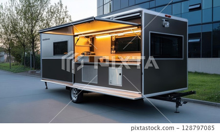 Explore portable retail space with Open concession trailer. Portable Business Theme 128797085