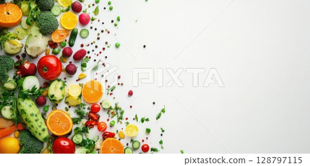 Display a colorful fresh vegetables and fruit, flat lay concept. Display a colorful fresh vegetables and fruit, flat lay concept. 128797115