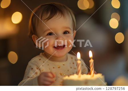 Baby Celebrates Birthday with Cake and Candles in Warm Bokeh Theme Baby Celebrates Birthday with Cake and Candles in Warm Bokeh Theme 128797256