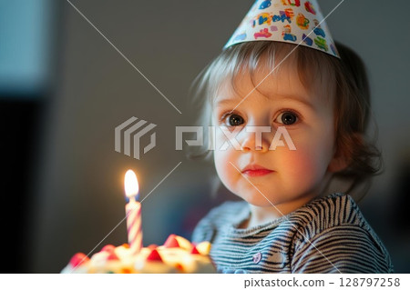Toddler Looks at Birthday Cake with Lit Candle, Celebration and Joy Theme Toddler Looks at Birthday Cake with Lit Candle, Celebration and Joy Theme 128797258