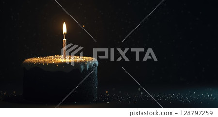 Celebrate a Special Day With a Delicious Cake and Shining Candle On a Dark Background Celebrate a Special Day With a Delicious Cake and Shining Candle On a Dark Background 128797259