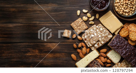 Delicious Snacks Spread on Wooden Table with Healthy Bites and Sweet Treats Delicious Snacks Spread on Wooden Table with Healthy Bites and Sweet Treats 128797294