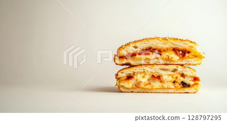 Pizza Pocket Sandwich Holds Melted Cheese and Pepperoni with Delicious Fast Food Theme. 128797295
