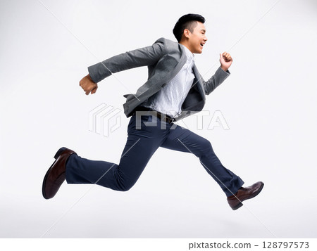 A businessman in a suit running and jumping 128797573