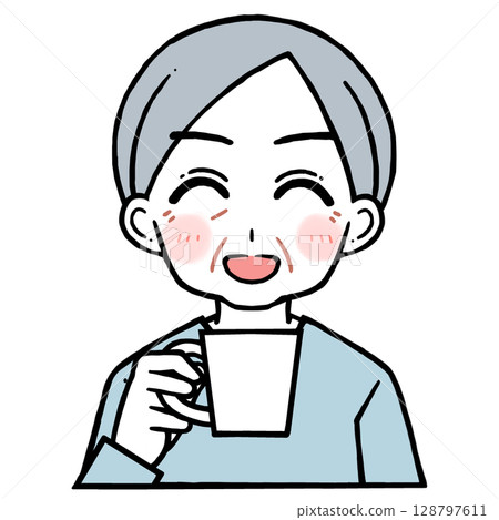 Illustration of a smiling old man holding a cup 128797611