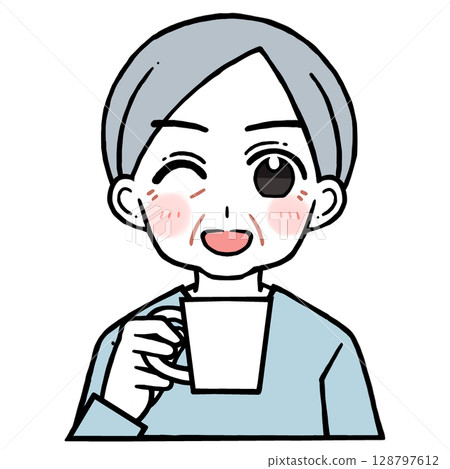 Illustration of an elderly man laughing and winking while holding a cup 128797612