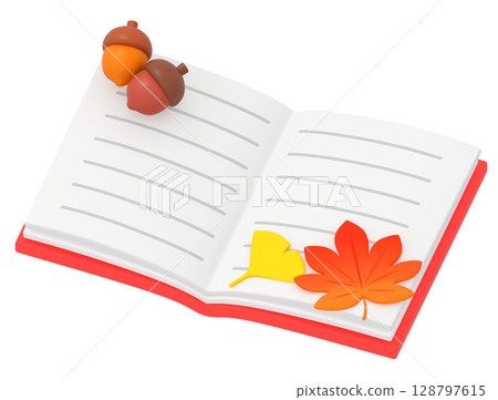 3D illustration of an open book with an acorn and autumn leaves 128797615