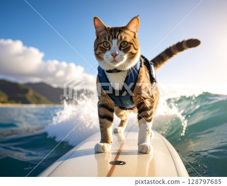 Surfing cat and the sea at sunset Surfing cat and the sea at sunset 128797685