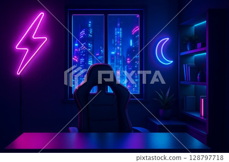 用霓虹燈裝飾的遊戲室的背景插圖 128797718