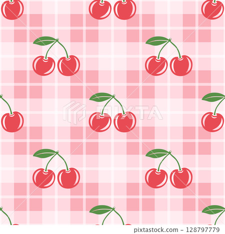 Vector Seamless Pattern with Cutout Cherry. Single, Pair of Cherries and Cluster of Cherries with Leaves , Repeated Print. Cherry Art, Design Template, Vector Illustration 128797779