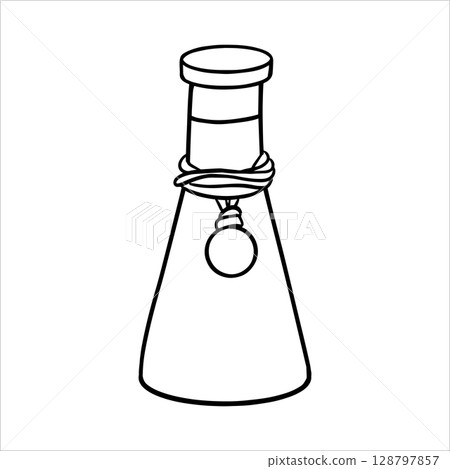 Bottle with potion sketch painted by black inks. A black and white line drawn antique glass flask with medicine. Hand-drawn vector illustration suitable for horror, Halloween, or gothic themes 128797857