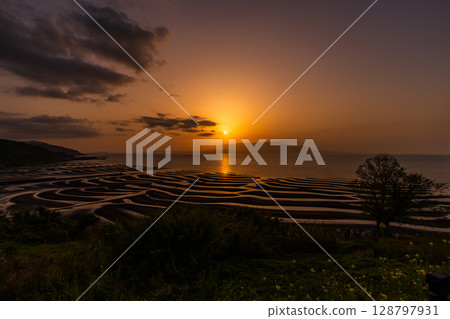 <熊本縣>大敷海灘、退潮時的日落 128797931