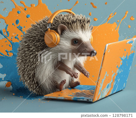 Hedgehog with tiny headphones writing a blog on a colorful laptop in a creative workspace 128798171
