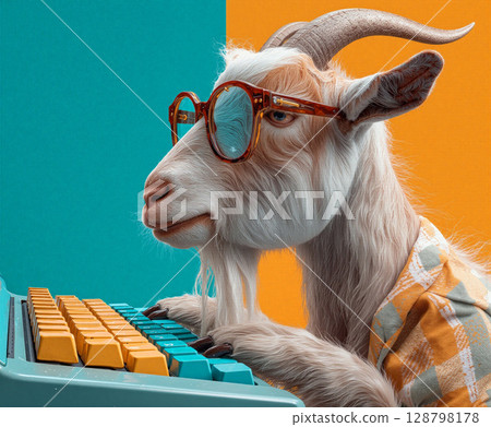 Goat in hipster glasses drafts email on retro typewriter against bright color backdrop 128798178