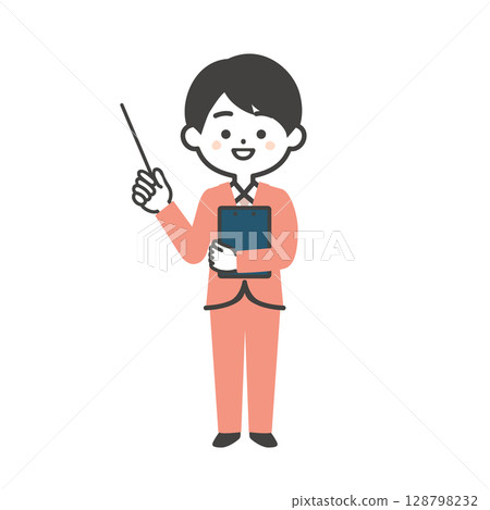 Illustration of a three-headed man in a suit holding a document and pointing with a pointer Illustration of a three-headed man in a suit holding a document and pointing with a pointer 128798232