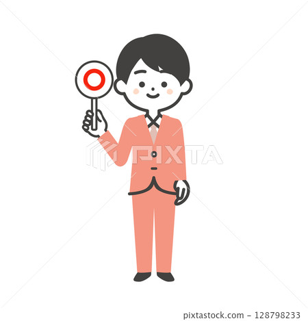 Illustration of a three-headed man in a suit holding a correct answer card Illustration of a three-headed man in a suit holding a correct answer card 128798233