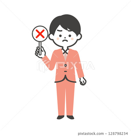 Illustration of a three-headed man in a suit holding a wrong note Illustration of a three-headed man in a suit holding a wrong note 128798234