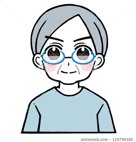 Illustration of an elderly man with glasses smiling bravely 128798380