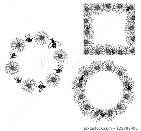 Sunflower and bees Honey circle round square frame set. Vector graphic line illustration. for packaging, decor. Petals frame, black silhouette isolated on white background. Sunflower and bees Honey circle round square frame set. Vector graphic line illustration. for packaging, decor. Petals frame, black silhouette isolated on white background. 128798406