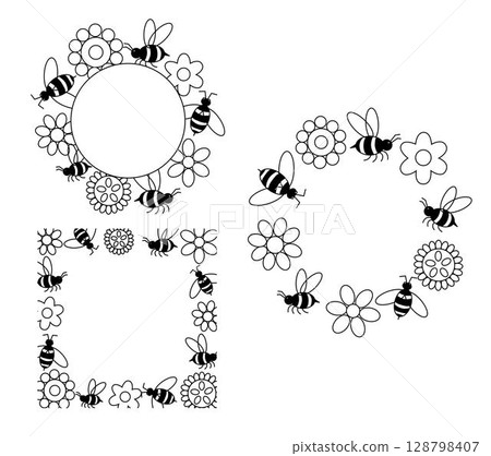 Black and white various flowers, bees Honey circle round square frame set. Vector graphic line illustration. Cute floral illustration for coloring pages, kids activities, and creative designs. Black and white various flowers, bees Honey circle round square frame set. Vector graphic line illustration. Cute floral illustration for coloring pages, kids activities, and creative designs. 128798407