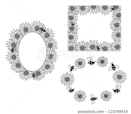 Sunflower and bees Honey oval rectangle frame set. Vector graphic line illustration. Sunflower graphic collection for packaging, decor. Petals frame,black silhouette isolated on white background Sunflower and bees Honey oval rectangle frame set. Vector graphic line illustration. Sunflower graphic collection for packaging, decor. Petals frame,black silhouette isolated on white background 128798410