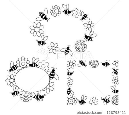 Wild flowers and bees Honey oval rectangle frame set. Vector graphic line illustration. Isolated meadow plants and leaves. Herbal engraved style illustration. Wild flowers and bees Honey oval rectangle frame set. Vector graphic line illustration. Isolated meadow plants and leaves. Herbal engraved style illustration. 128798411