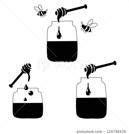 bee and Honey jar dipper composition set. Vector graphic line illustration. Perfect for cards, decorations, stickers, logo, menu, various designs. For logo, web, package, sticker. 128798426