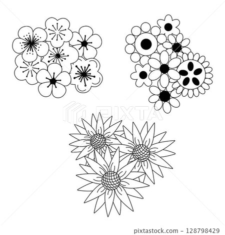 Abstract ink flower composition set. Vector graphic line illustration. Hand drawn brush floral silhouette. Sketch strokes natural forms. Black grunge paint flowers, leaves, blossom, branches. 128798429
