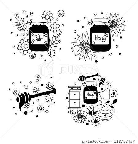 Cute bee ,Honey pot and sunflowers Honey composition set. Vector graphic line illustration. Perfect for cards, decorations, stickers, logo, menu, various designs. 128798437