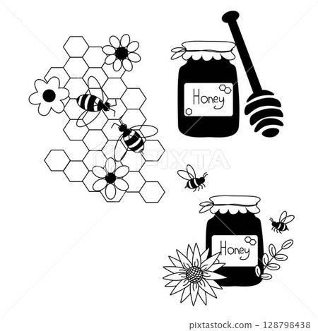 Elegant honey jar with bee and hexagon Honey composition set. Vector graphic line illustration. design for fashion graphics, textile prints, fabrics, wallpapers. For logo, web, package, sticker. 128798438