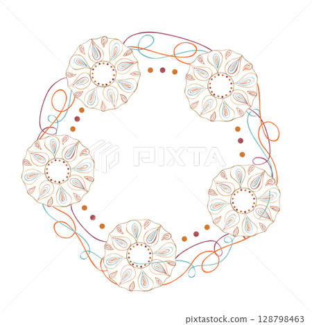 Traditional floral rangoli with colored ribbons watercolor wreath with empty space for text. Indian ornament illustration isolated on white background. Diwali mandala frame for greeting card. Traditional floral rangoli with colored ribbons watercolor wreath with empty space for text. Indian ornament illustration isolated on white background. Diwali mandala frame for greeting card. 128798463