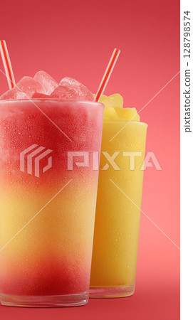 Tropical Tequila Sunrise and Mango Smoothie in Tall Glasses on White Background Tropical Tequila Sunrise and Mango Smoothie in Tall Glasses on White Background 128798574