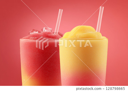 Tropical Drinks with Tequila Sunrise and Mango Smoothie in Tall Glasses on White Background 128798665