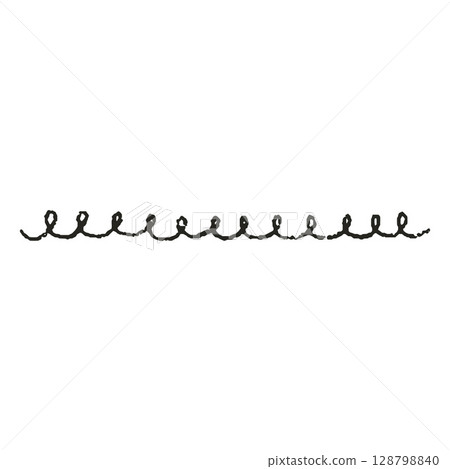Wavy horizontal line segment of black color with twisted loops, pencil drawing by hand. Wavy horizontal line segment of black color with twisted loops, pencil drawing by hand. 128798840
